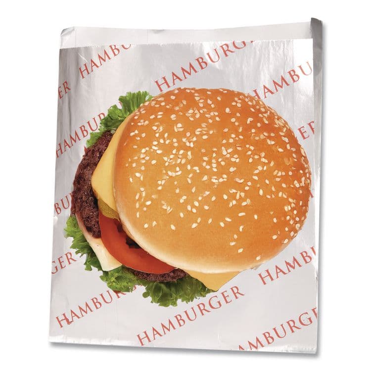 BAGCRAFT Foil Single-Serve Bags, Hamburger Labeling, 6" x 0.75" x 6.5", Silver/Red, 1,000/Carton (BGC300527) thumbnail 3