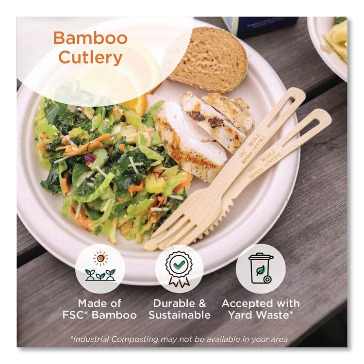 WORLD CENTRIC Bamboo Cutlery, Fork/Knife/Napkin/Spoon, Paper, Natural, 250/Carton (WORASBBTN) thumbnail 4