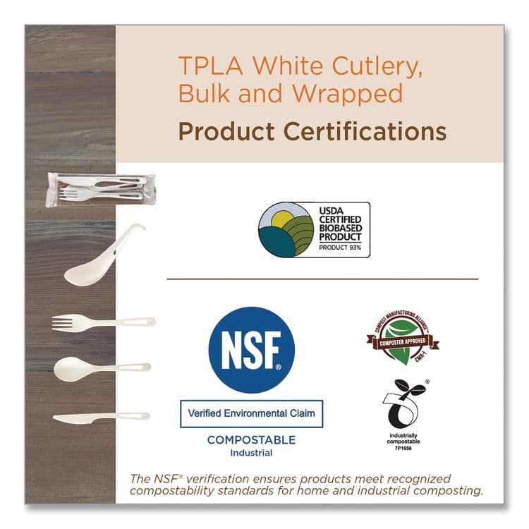 WORLD CENTRIC TPLA Wrapped Cutlery, Fork/Knife/Napkin/Spoon, Plastic, Light Beige, 250/Carton (WORASPSTN) thumbnail 4