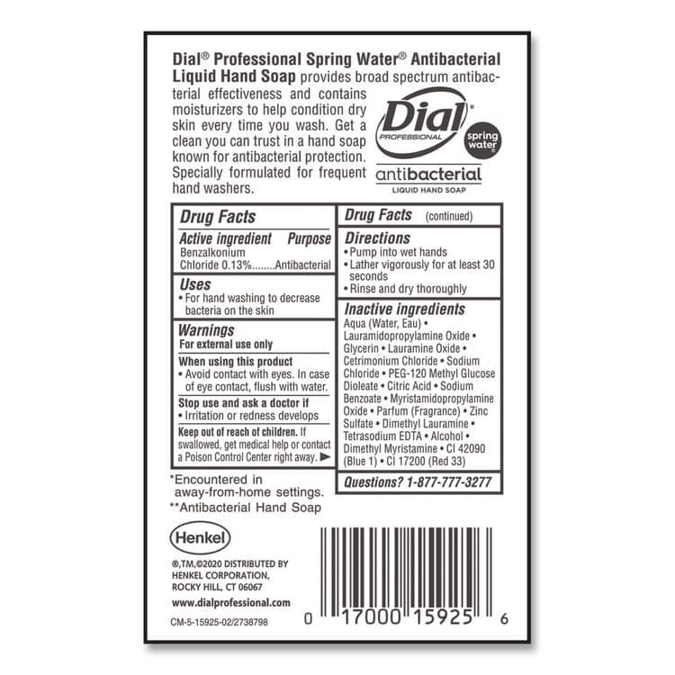 DIAL PROFESSIONAL Antibacterial Liquid Hand Soap, Spring Water Scent, 1 gal, 4/Carton (DIA15926) thumbnail 4