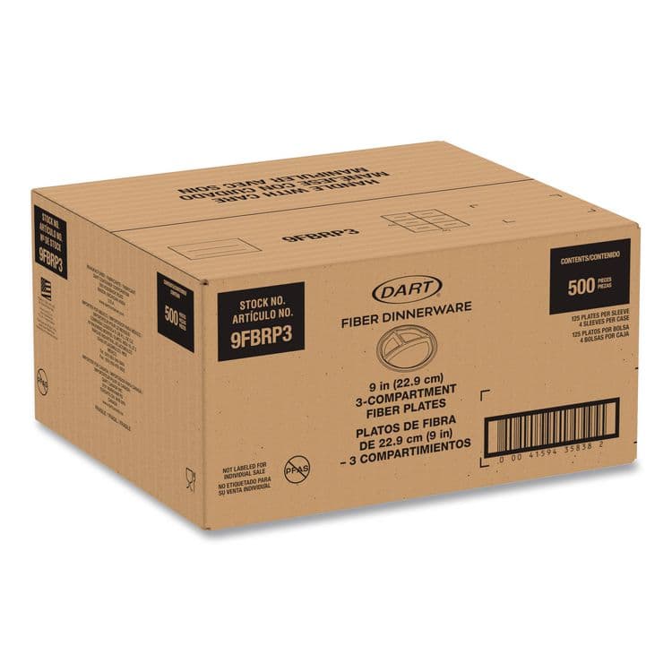 DART Compostable Molded Fiber Dinnerware, ProPlanet Seal, 3-Compartment Plate, 9" dia, Natural, 500/Carton (DCC9FBRP3) thumbnail 3