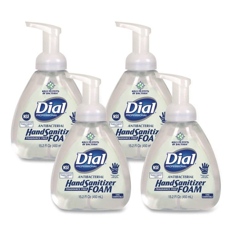 DIAL PROFESSIONAL Antibacterial Foam Hand Sanitizer, 15.2 oz Pump Bottle, Fragrance-Free, 4/Carton (DIA06040)