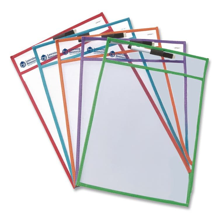 LEARNING RESOURCES Write and Wipe Pockets, Medium-Duty, Top Load, 10" x 14" Insert, Clear Front, Assorted Color Border, 5 Pockets (LRNLER0477)