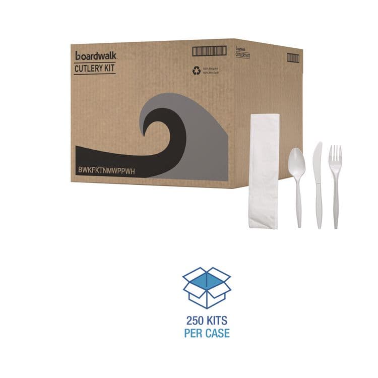 BOARDWALK Four-Piece Cutlery Kit, Mediumweight, Fork/Knife/Napkin/Spoon, Plastic, White, 250/Carton (BWKFKTNMWPPWH) thumbnail 3