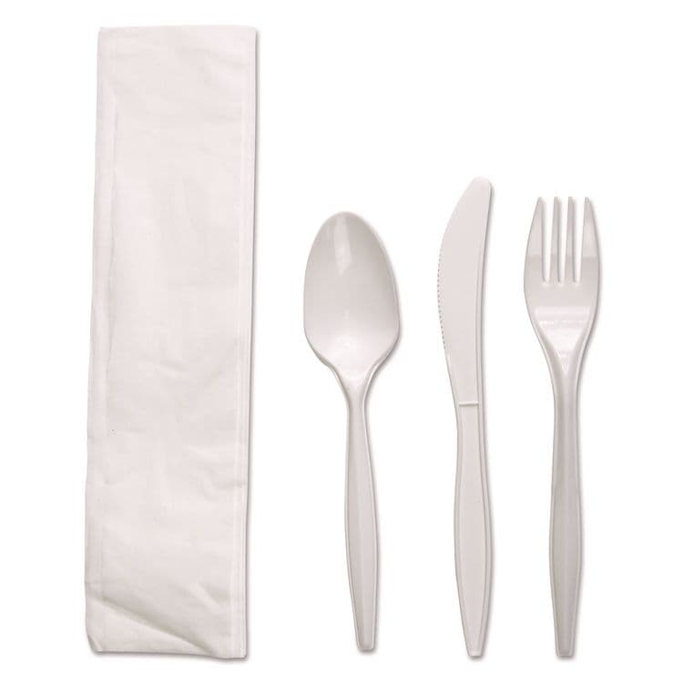 BOARDWALK Four-Piece Cutlery Kit, Mediumweight, Fork/Knife/Napkin/Spoon, Plastic, White, 250/Carton (BWKFKTNMWPPWH) thumbnail 4