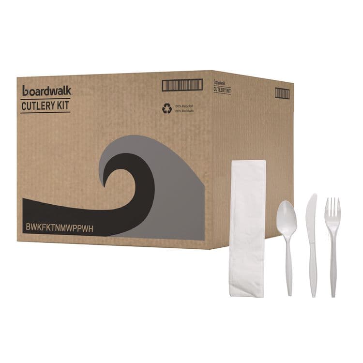 BOARDWALK Four-Piece Cutlery Kit, Mediumweight, Fork/Knife/Napkin/Spoon, Plastic, White, 250/Carton (BWKFKTNMWPPWH)