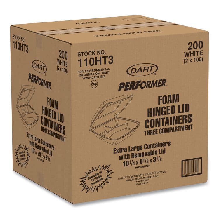 DART Foam Hinged Lid Containers, 3 Compartments, 9.5 x 10.26 x 3.4, White, 200/Carton (DCC110HT3) thumbnail 2