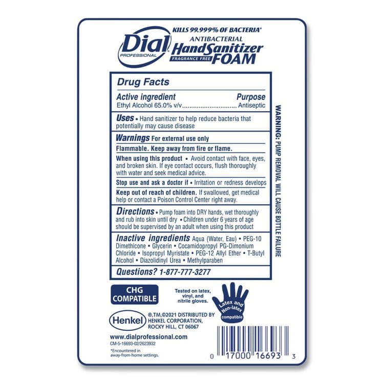 DIAL PROFESSIONAL Antibacterial Foaming Hand Sanitizer Refill for FIT Touch Free Dispenser, 1 L Bottle, Fragrance-Free, 3/Carton (DIA16694) thumbnail 2
