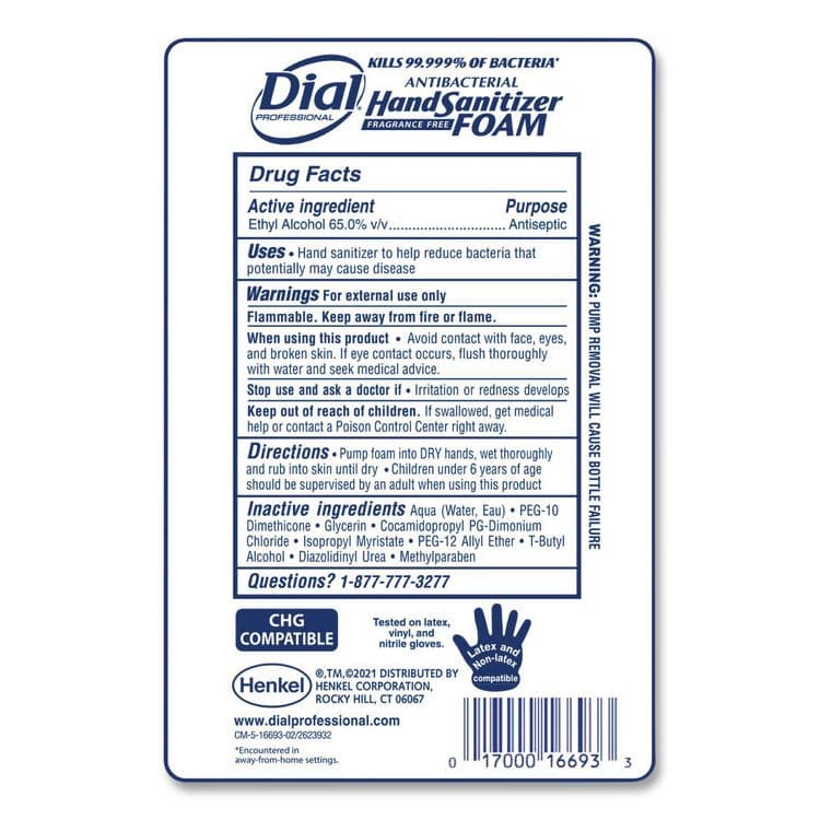 DIAL PROFESSIONAL Antibacterial Foaming Hand Sanitizer Refill for FIT Touch Free Dispenser, 1 L Bottle, Fragrance-Free (DIA16694EA) thumbnail 2