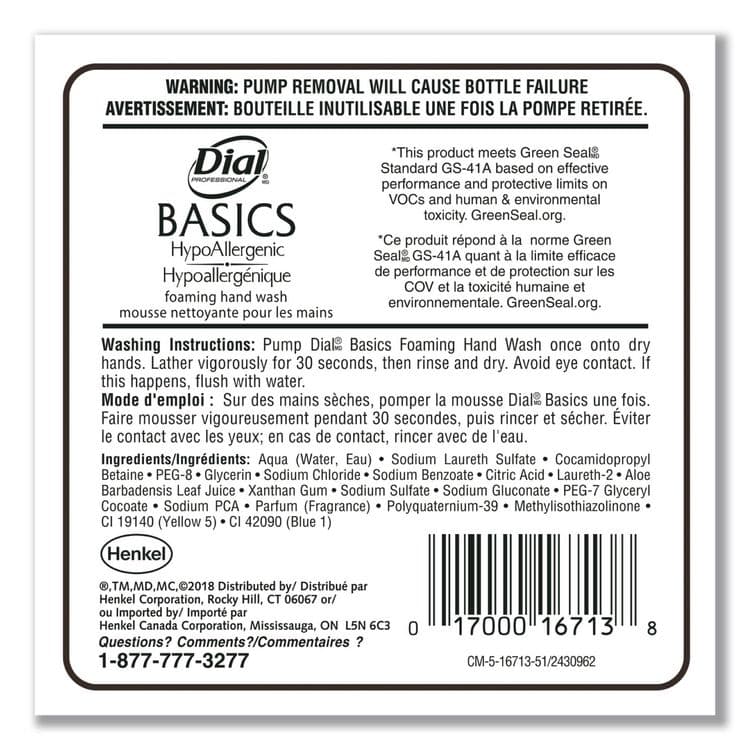 DIAL PROFESSIONAL Basics Hypoallergenic Foaming Hand Wash Refill for FIT Manual Dispenser, Honeysuckle Scent, 1.2 L, 3/Carton (DIA16714) thumbnail 2