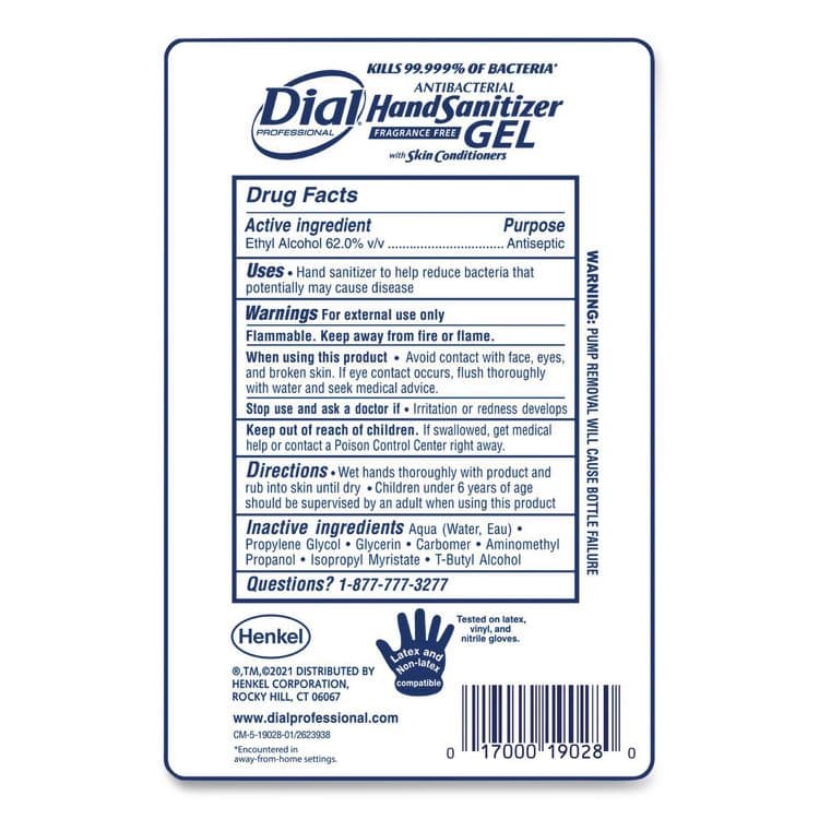 DIAL PROFESSIONAL Antibacterial Gel Hand Sanitizer Refill for FIT Touch Free Dispenser, 1.2 L Bottle, Fragrance-Free, 3/Carton (DIA19029) thumbnail 2