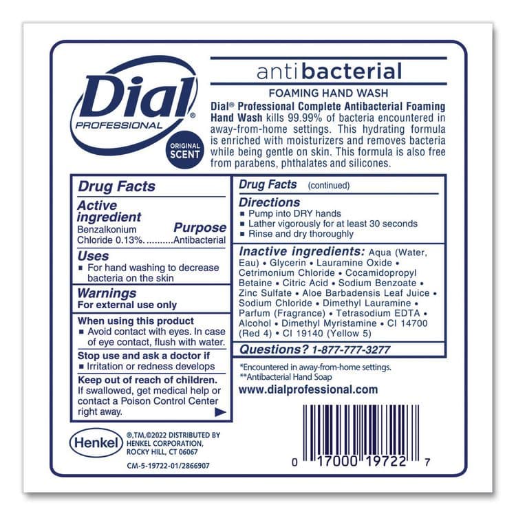 DIAL PROFESSIONAL Antibacterial Foaming Hand Wash Refill for 1700 V Dispenser, Original Scent, 1.7 L, 3/Carton (DIA19723) thumbnail 2