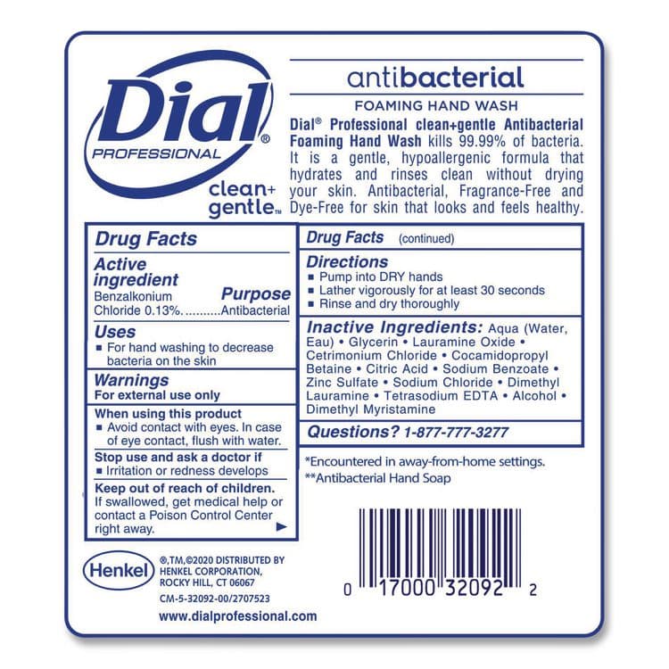 DIAL PROFESSIONAL Clean+Gentle Antibacterial Foaming Hand Wash Refill for 1700 Dispenser, Fragrance-Free, 1.7 L, 3/Carton (DIA32094) thumbnail 4