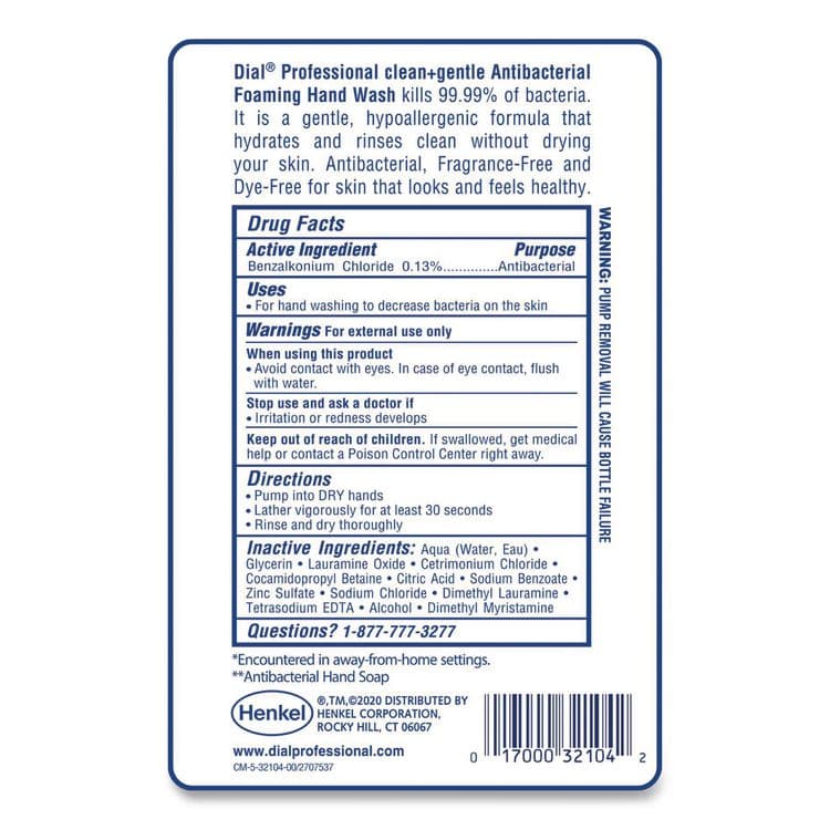 DIAL PROFESSIONAL Clean+Gentle Antibacterial Foaming Hand Wash Refill for FIT Touch Free Dispenser, Fragrance-Free, 1 L, 3/Carton (DIA32106CT) thumbnail 2