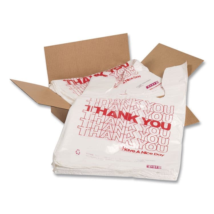 BROWN PAPER GOODS Thank You High-Density Shopping Bags, Have a Nice Day Labeling, Cut-Out Handles, 8" x 4" x 16", White/Red, 2,000/Carton (BPC8416THYOU)