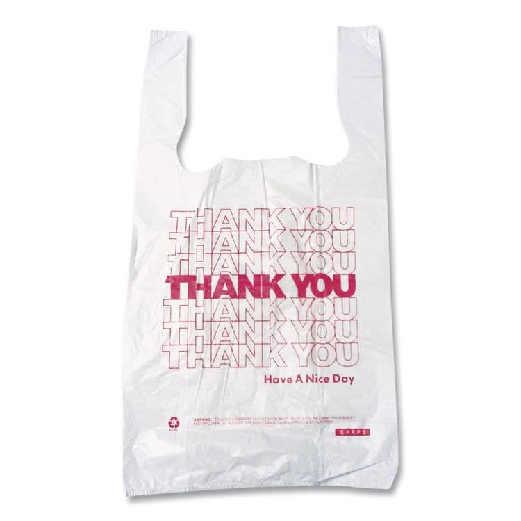 BROWN PAPER GOODS Thank You High-Density Shopping Bags, Have a Nice Day Labeling, Cut-Out Handles, 10" x 5" x 19", White/Red, 2,000/Carton (BPC10519THYOU) thumbnail 2