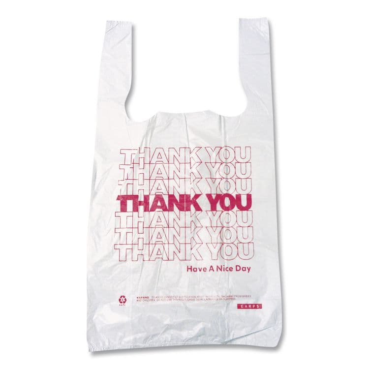 BROWN PAPER GOODS Thank You High-Density Shopping Bags, Have a Nice Day Labeling, Cut-Out Handles, 18" x 8" x 30", White/Red, 500/Carton (BPC18830THYOU) thumbnail 2