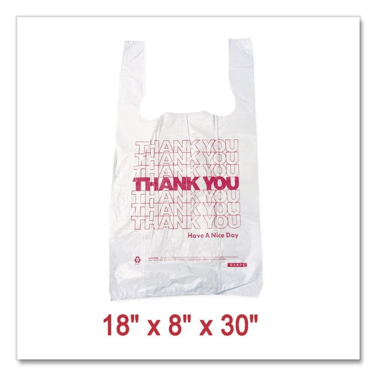 BROWN PAPER GOODS Thank You High-Density Shopping Bags, Have a Nice Day Labeling, Cut-Out Handles, 18" x 8" x 30", White/Red, 500/Carton (BPC18830THYOU) thumbnail 3