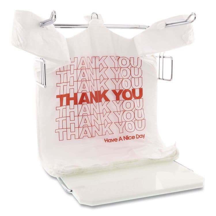 BROWN PAPER GOODS Thank You High-Density Shopping Bags, Have a Nice Day Labeling, Cut-Out Handles, 18" x 8" x 30", White/Red, 500/Carton (BPC18830THYOU) thumbnail 4