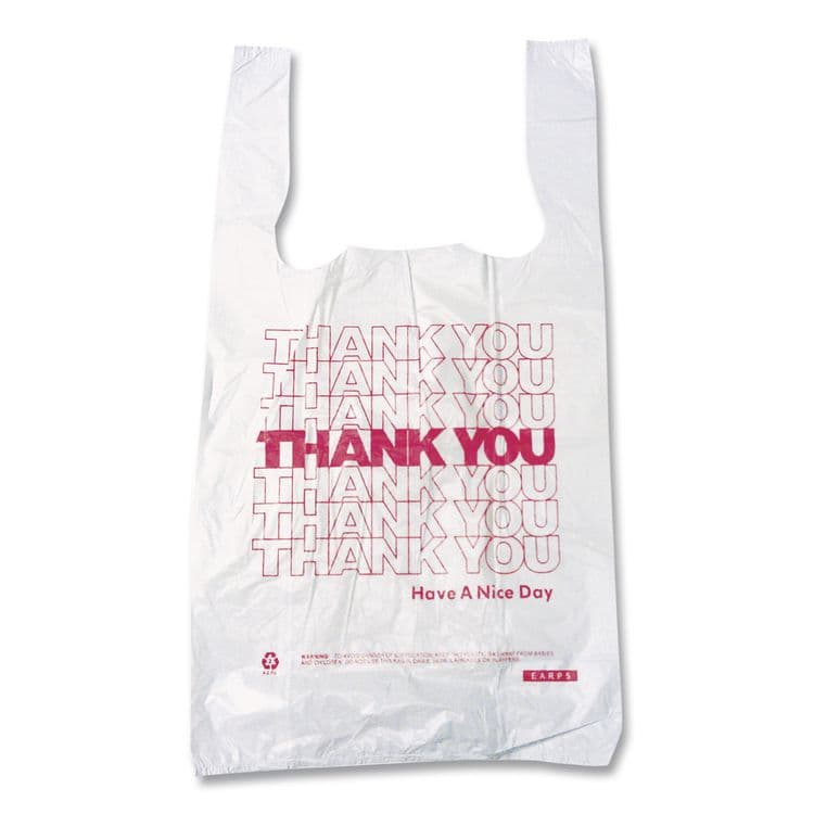 BROWN PAPER GOODS Thank You High-Density Shopping Bags, Have a Nice Day Labeling, Cut-Out Handles, 8" x 4" x 16", White/Red, 2,000/Carton (BPC8416THYOU) thumbnail 2