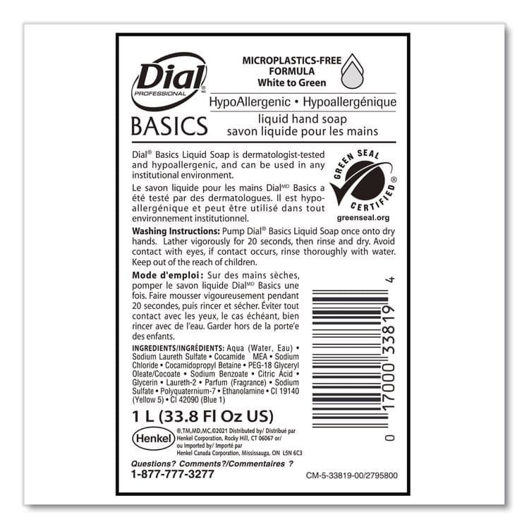 DIAL PROFESSIONAL Basics MP Free Liquid Hand Soap Refill, Unscented, 1 L, 8/Carton (DIA33821) thumbnail 2