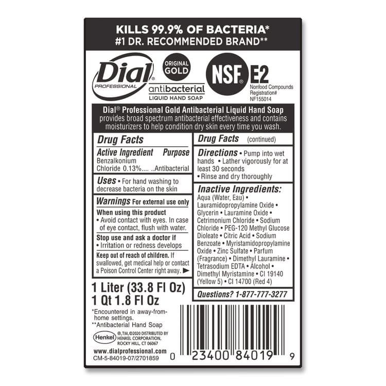 DIAL PROFESSIONAL Gold Antibacterial Liquid Hand Soap, 1 L, 8/Carton (DIA84019) thumbnail 2