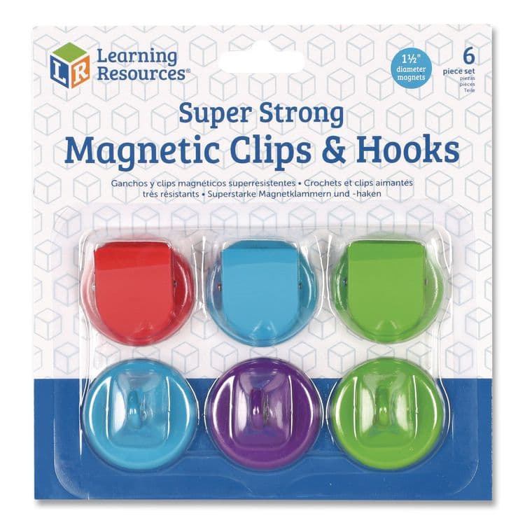 LEARNING RESOURCES Super Strong Magnetic Clips and Hooks, Small, 1.5" Diameter, Assorted Colors, 3 Clips/3 Hooks (LRNLER2691)