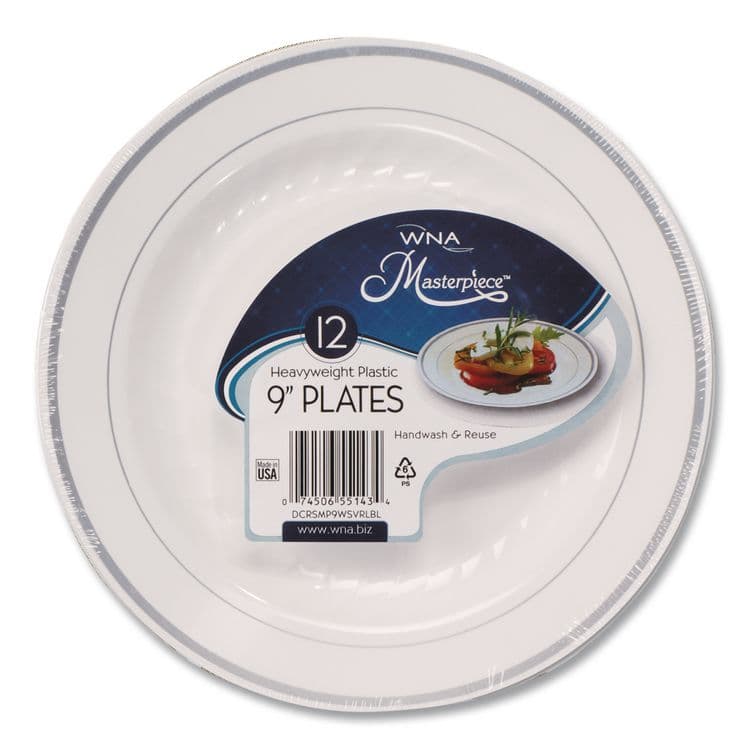 WNA, . Masterpiece Plastic Dinnerware, 9" dia, White/Silver, 10/Pack (WNARSM91210WSPK) thumbnail 3