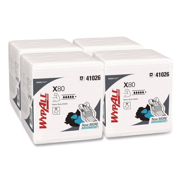 KIMBERLY CLARK Power Clean X80 Heavy Duty Cloths, 1/4 Fold, 12.5 x 12, White, 50/Box, 4 Boxes/Carton (KCC41026)