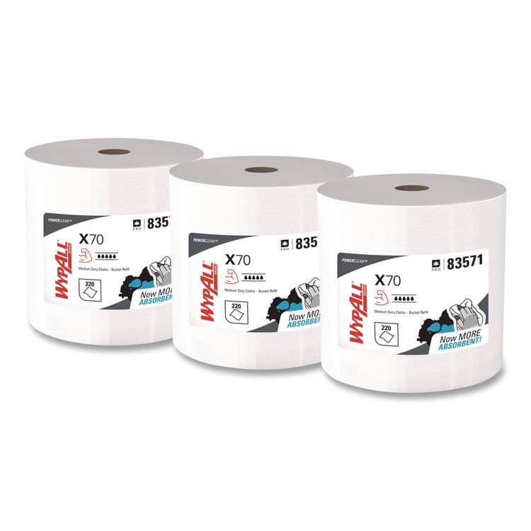 KIMBERLY CLARK X70 Wipers in a Bucket Refills, No Bucket, 13 x 10, Unscented, White, 220/Rolls, 3 Rolls/Carton (KCC83571)