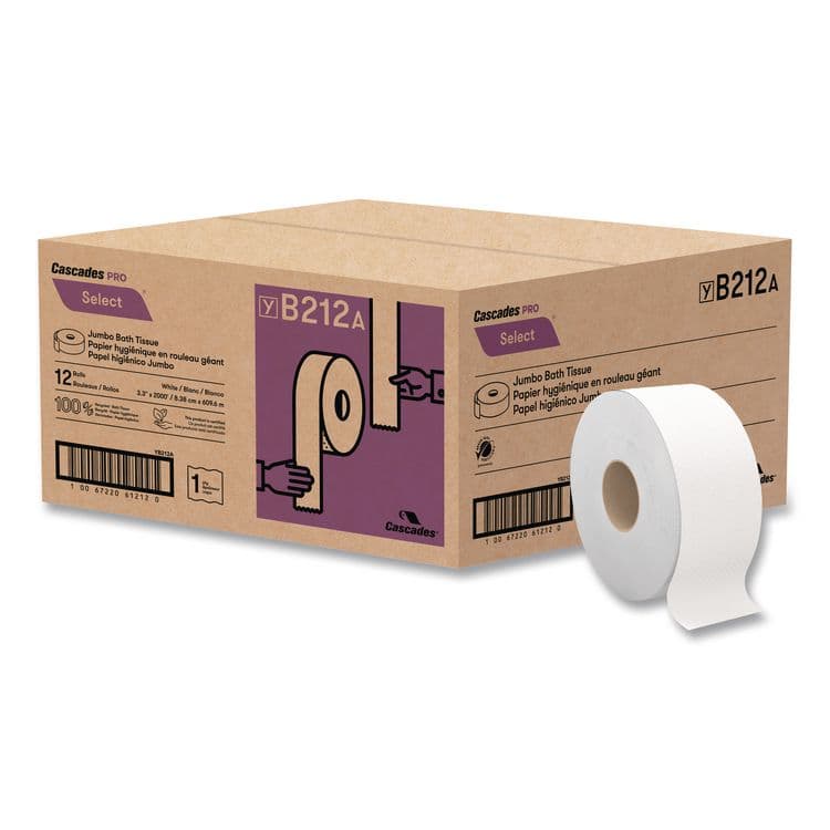 CASCADES TISSUE GROUP Select Jumbo Bath Tissue, Septic Safe, 1-Ply, 3.3" x 2,000 ft, White, 12 Rolls/Carton (CSDB212)