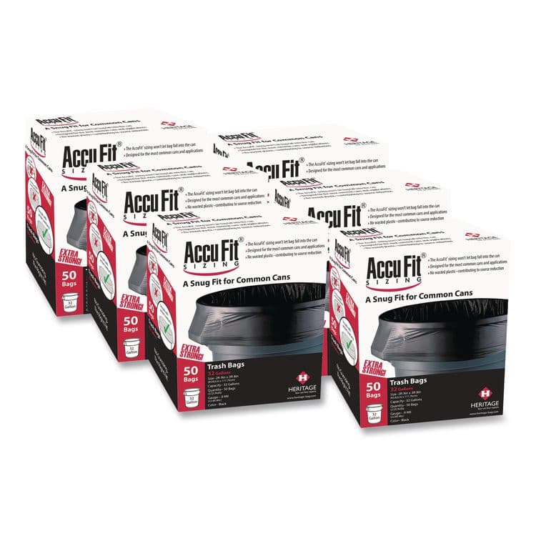 HERITAGE Linear Low Density Can Liners with AccuFit Sizing, 44 gal, 0.9 mil, 37" x 50", Black, 50 Bags/Box, 4 Boxes/Carton (HERH7450TKRC1CT)