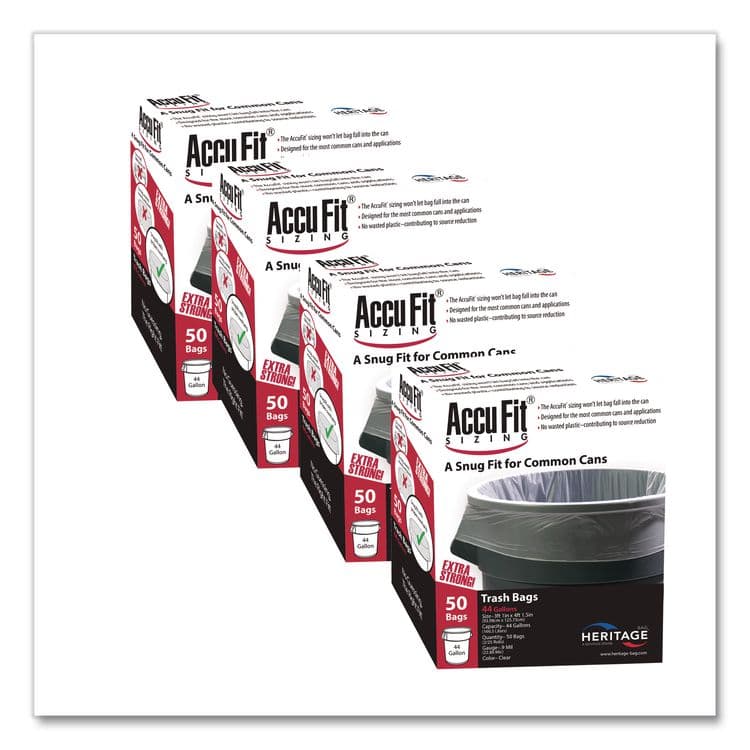 HERITAGE Linear Low Density Can Liners with AccuFit Sizing, 44 gal, 0.9 mil, 37" x 50", Clear, 50 Bags/Box, 4 Boxes/Carton (HERH7450TCRC1CT)