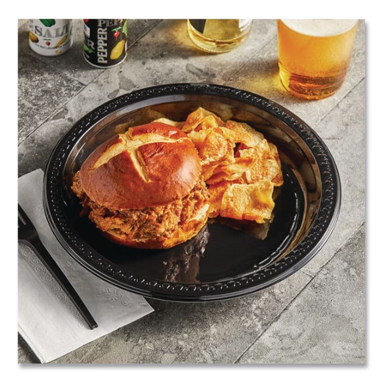 HUHTAMAKI Heavyweight Plastic Plates, 9" dia, Black, 125/Pack, 4 Packs/Carton (HUH81409) thumbnail 4