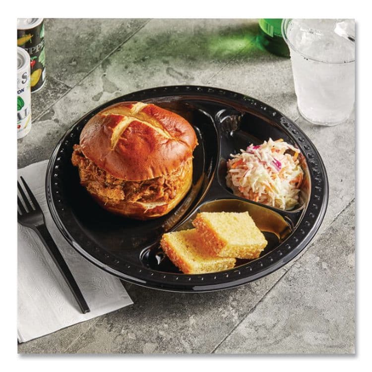 HUHTAMAKI Heavyweight Plastic 3-Compartment Plates, 10.25" dia, Black, 125/Pack, 4 Packs/Carton (HUH81430) thumbnail 2