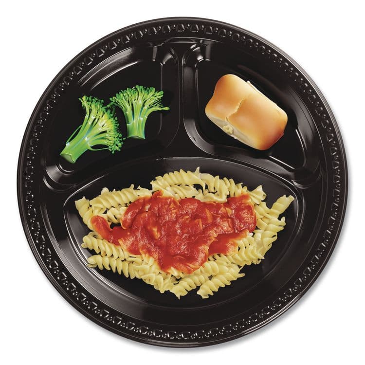 HUHTAMAKI Heavyweight Plastic 3-Compartment Plates, 10.25" dia, Black, 125/Pack, 4 Packs/Carton (HUH81430) thumbnail 3