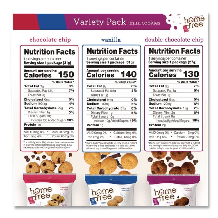 HOMEFREE Gluten Free Mini Cookies Variety Pack, 1.1 oz/0.95 oz/1.1 oz Packs, 30/Carton (HMF01305) thumbnail 2