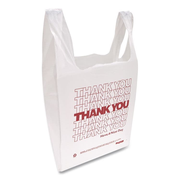 INTEGRATED BAGGING SYSTEMS HDPE T-Shirt Bags, Thank You - Have a Nice Day Labeling, Cut-Out Handles, 12" x 7" x 23", White/Red, 500/Carton (IBSTHW2VAL) thumbnail 2