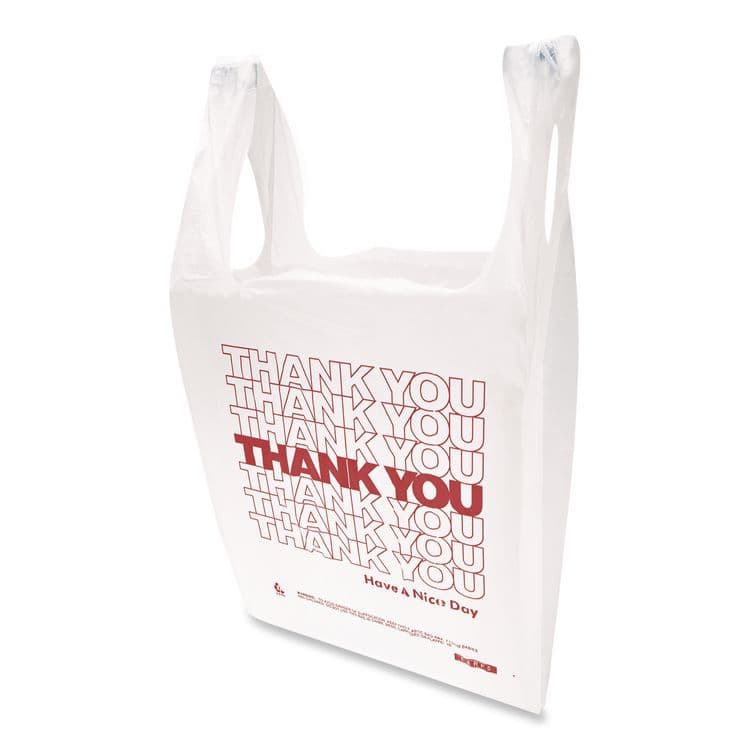 INTEGRATED BAGGING SYSTEMS HDPE T-Shirt Bags, Thank You - Have a Nice Day Labeling, Cut-Out Handles, 12" x 7" x 23", White/Red, 500/Carton (IBSTHW2VAL) thumbnail 3