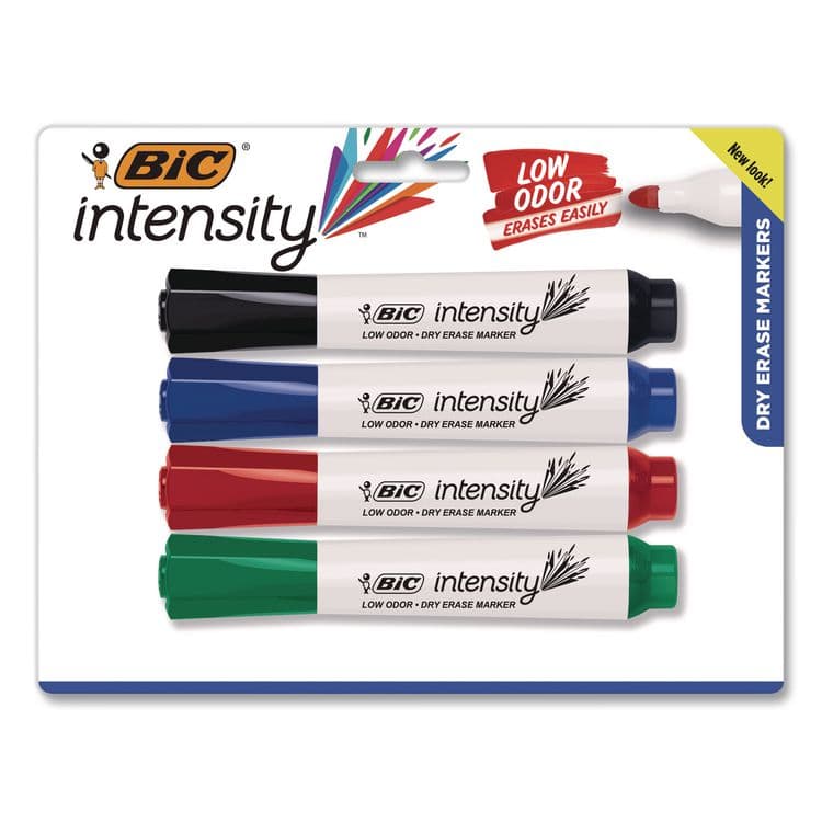 BIC CORP. Intensity Low Odor Chisel-Tip Dry Erase Marker, Chisel Tip, Assorted Colors, 4/Set (BICGDEMP41ASST)