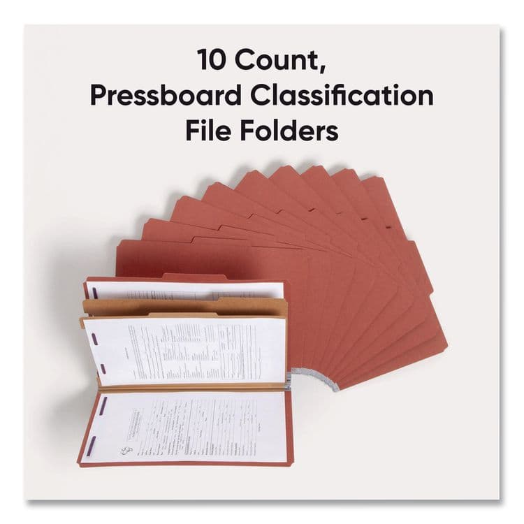 SMEAD MANUFACTURING CO. Pressboard Classification Folders, 2/5-Cut Tab, Expands 2", 2 Dividers, 6 SafeSHIELD Fasteners, Legal Size, Red, 10/Box (SMD19075) thumbnail 2