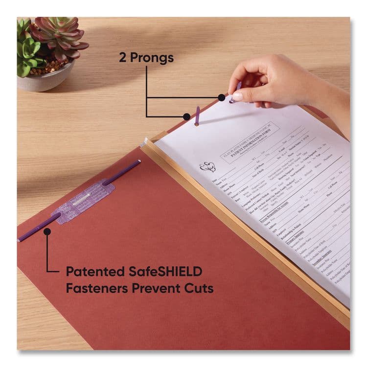SMEAD MANUFACTURING CO. Pressboard Classification Folders, 2/5-Cut Tab, Expands 2", 2 Dividers, 6 SafeSHIELD Fasteners, Legal Size, Red, 10/Box (SMD19075) thumbnail 4