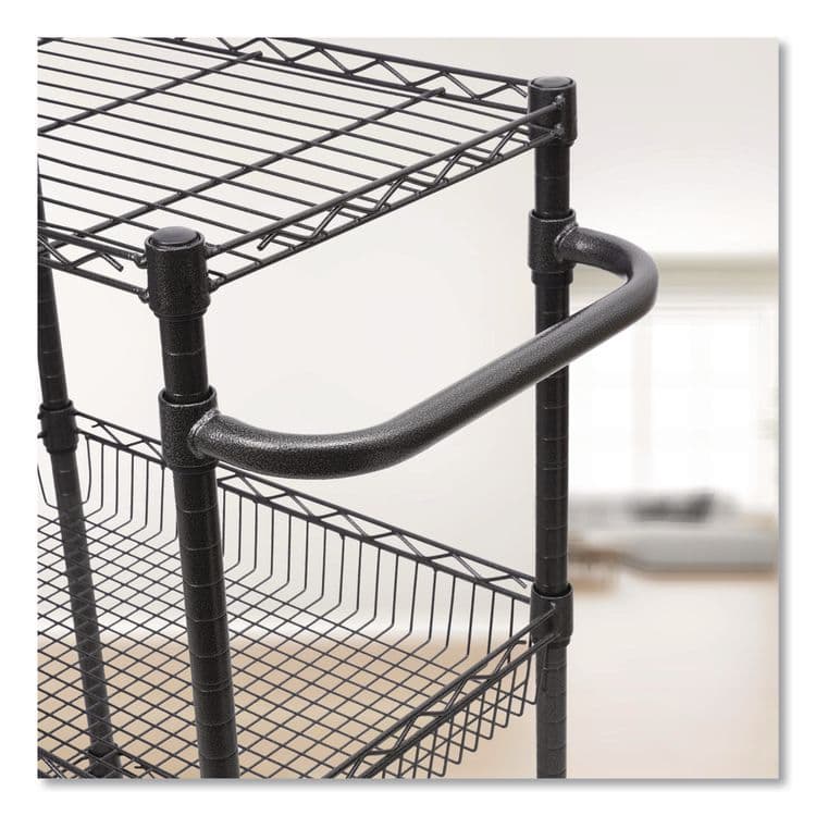 ALERA Three-Tier Wire Cart with Basket, Metal, 2 Shelves, 1 Bin, 500 lb Capacity, 28" x 16" x 39", Black Anthracite (ALESW342416BA) thumbnail 4