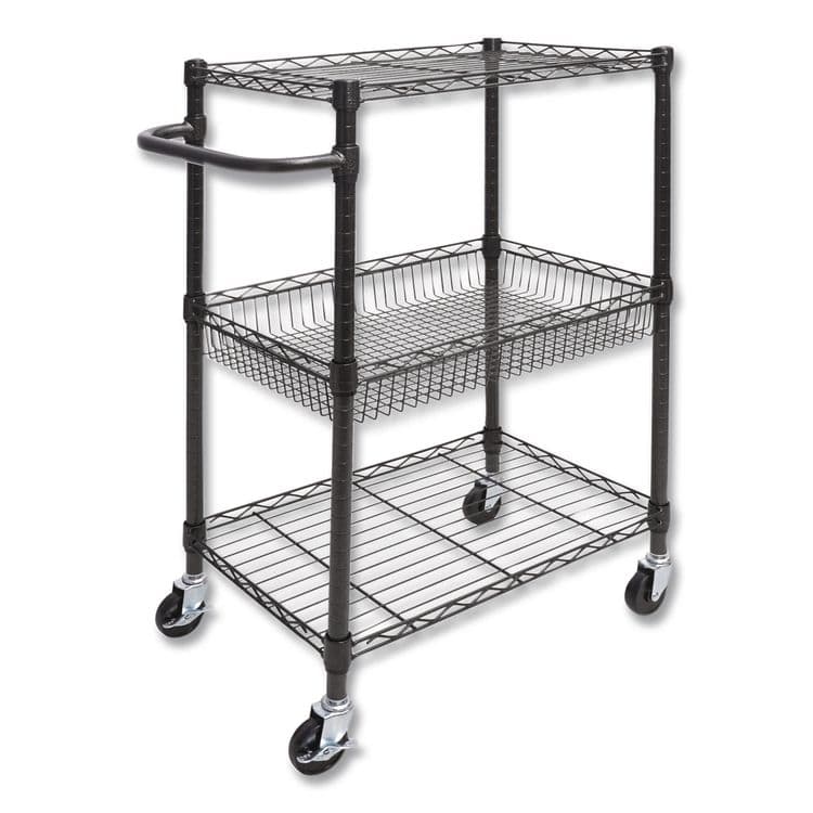 ALERA Three-Tier Wire Cart with Basket, Metal, 2 Shelves, 1 Bin, 500 lb Capacity, 28" x 16" x 39", Black Anthracite (ALESW342416BA)