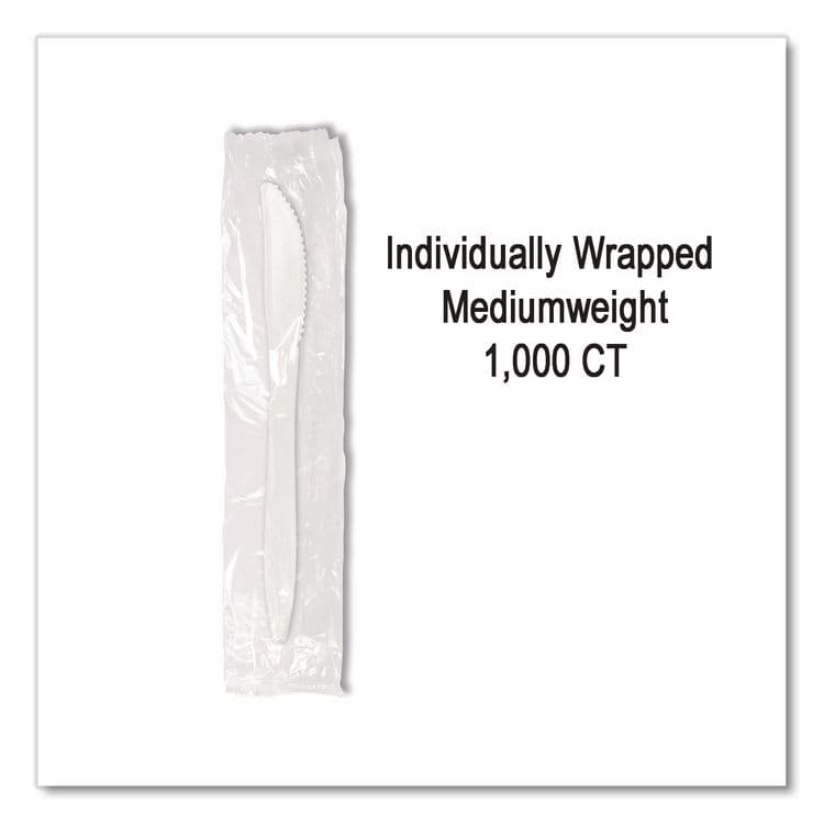BERK ENTERPRISES Individually Wrapped Mediumweight Cutlery, Knife, Plastic, White, 1,000/Carton (BSQ1101000) thumbnail 4