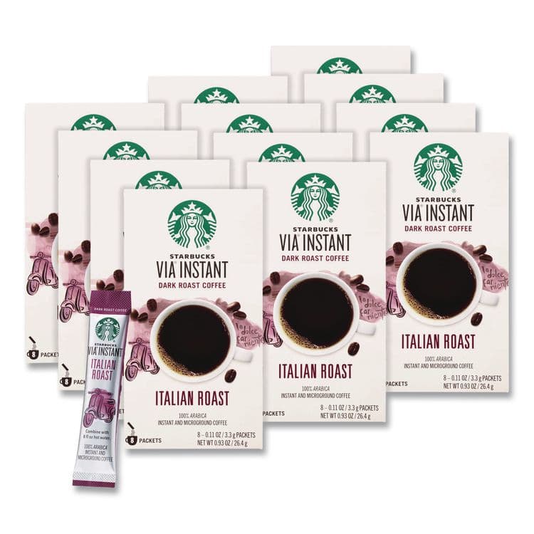 STARBUCKS COFFEE COMPANY VIA Ready Brew Coffee, 0.11 oz, Italian Roast, 8 Packets/Bag, 12 Bags/Carton (SBK12407838CT)