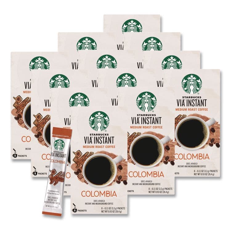 STARBUCKS COFFEE COMPANY VIA Ready Brew Coffee, Colombia, 1.4 oz Packet, 8/Pack, 12 Packs/Carton (SBK12407839CT)