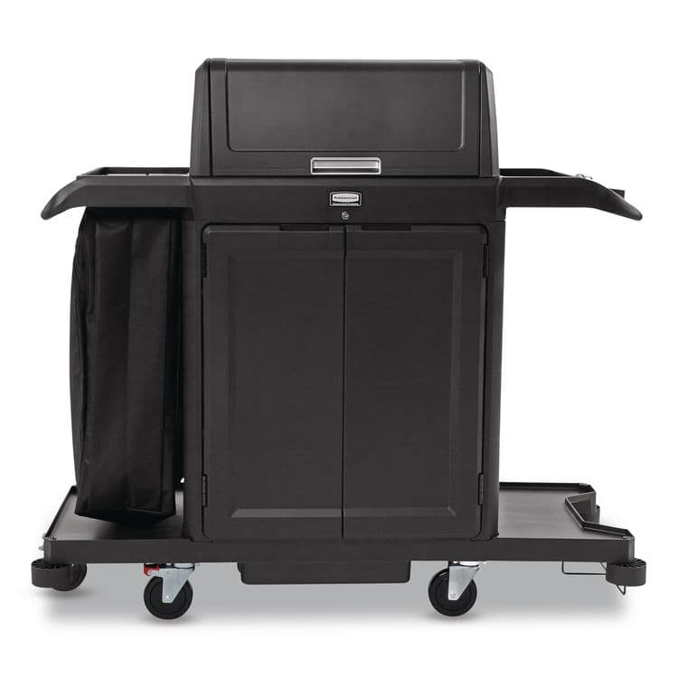 RUBBERMAID COMMERCIAL PROD. Housekeeping Cart with Hood and Doors, Plastic, 4 Shelves,1 Bin, 24.4 x 62.4 x 56.9, Black (RCP2202587)