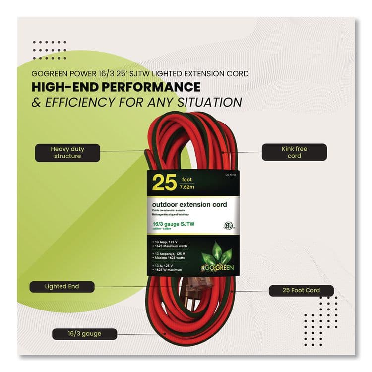 GOGREEN POWER 16 AWG Outdoor Extension Cord, 25 ft, 13 A, Orange (GGP13725) thumbnail 3