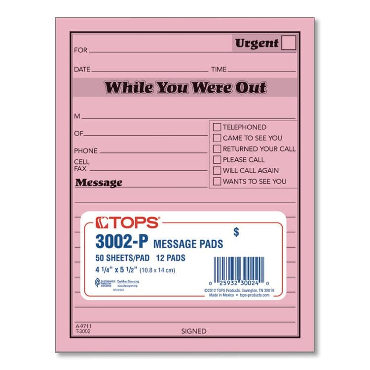 TOPS BUSINESS FORMS Pink Message Pad, One-Part (No Copies), 4.25 x 5.5, 50 Forms/Pad, 12 Pads/Pack (TOP3002P) thumbnail 2